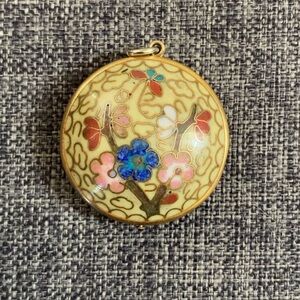 Floral Cloisonné Cherry Blossom and Butterfly Pendant Vintage Art